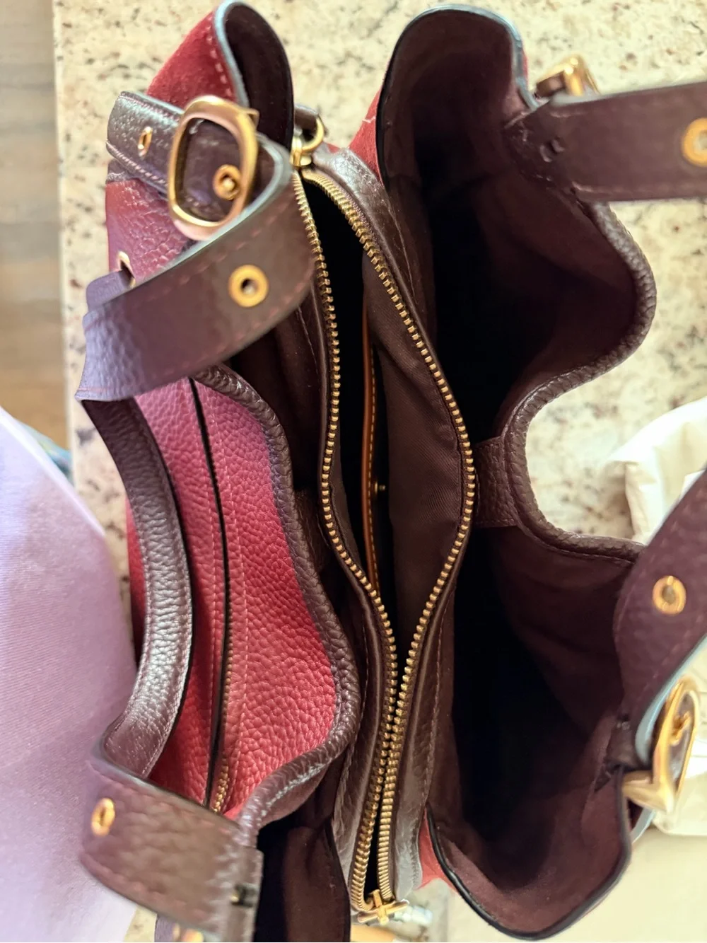 Coach Pebbled Leather Shoulder Bag in Burgundy with Dark Brown Trim